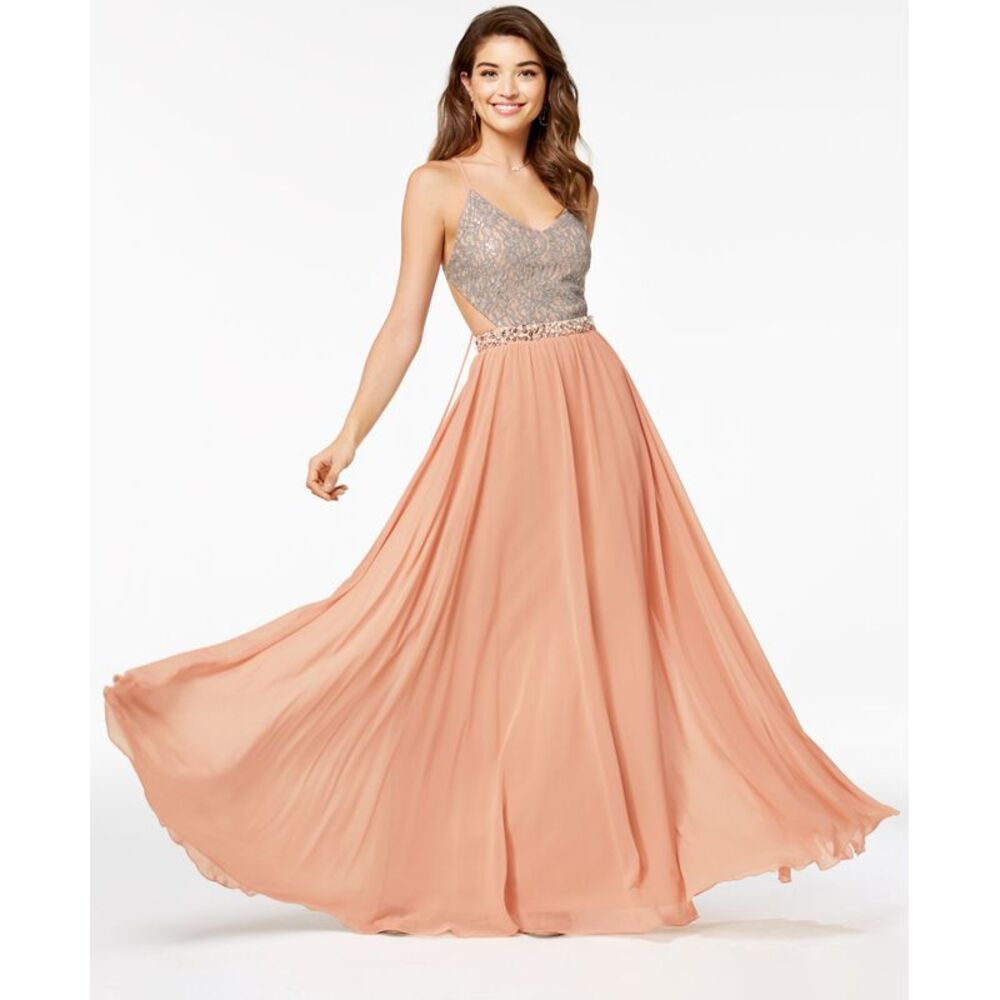 City Studios Juniors Open Back Metallic Bodice Gown